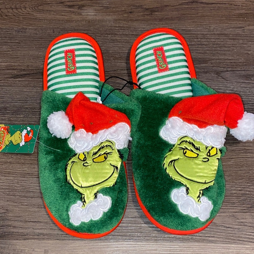 Grinch Christmas Slippers with Santa Hat